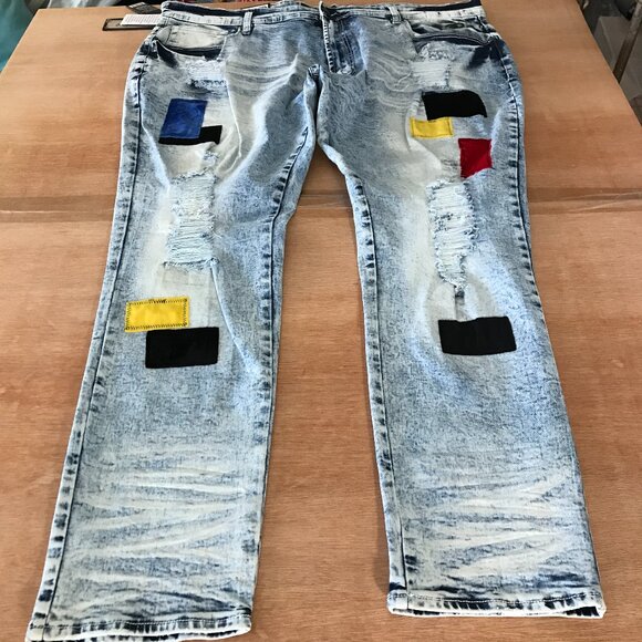 Frost Originals Patchwork Jeans Men 46x33 Blue Mid Rise Distressed Grunge Skater - Picture 1 of 14